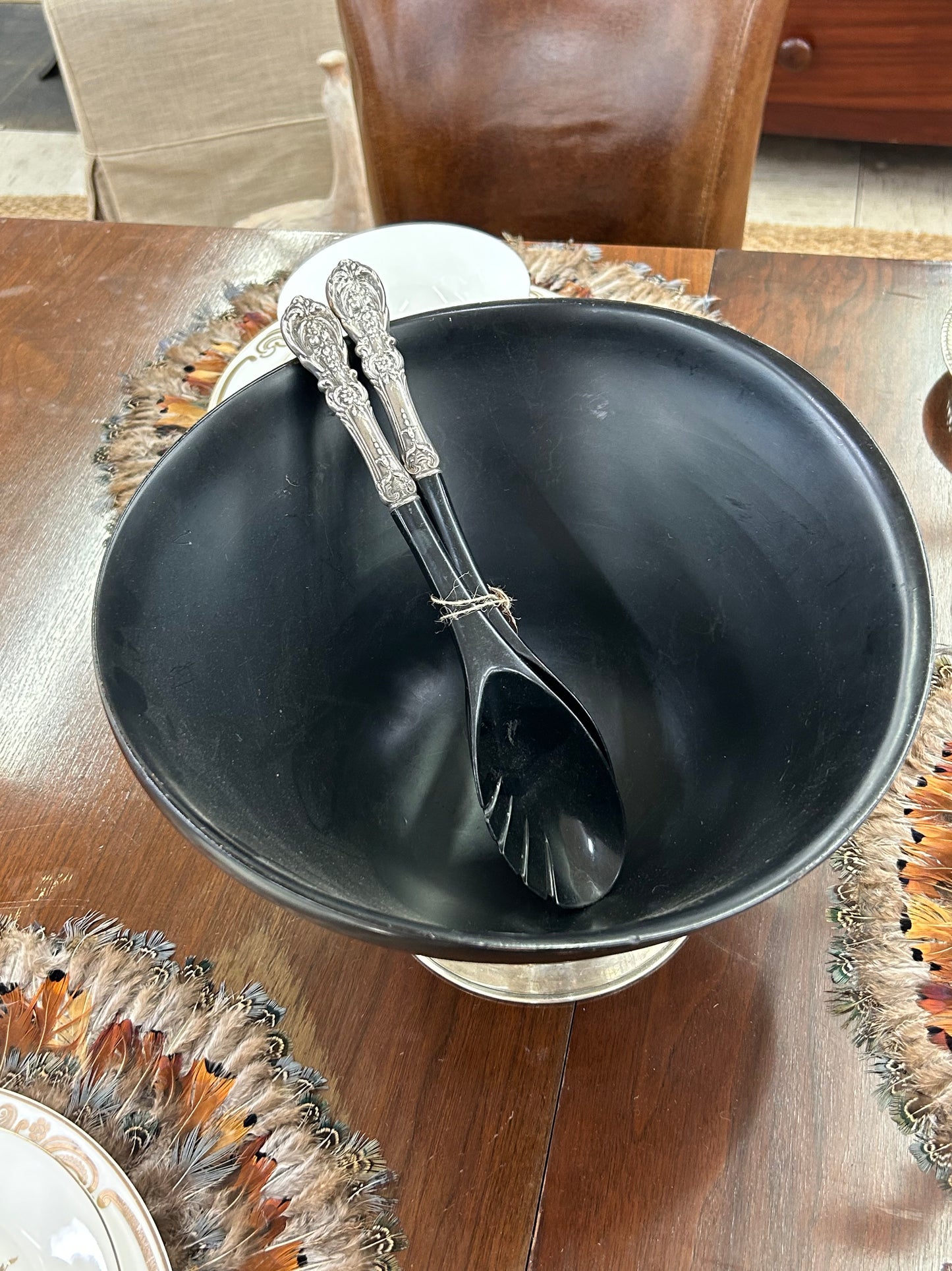 VTG Black Wood & Sterling Silver Salad Set