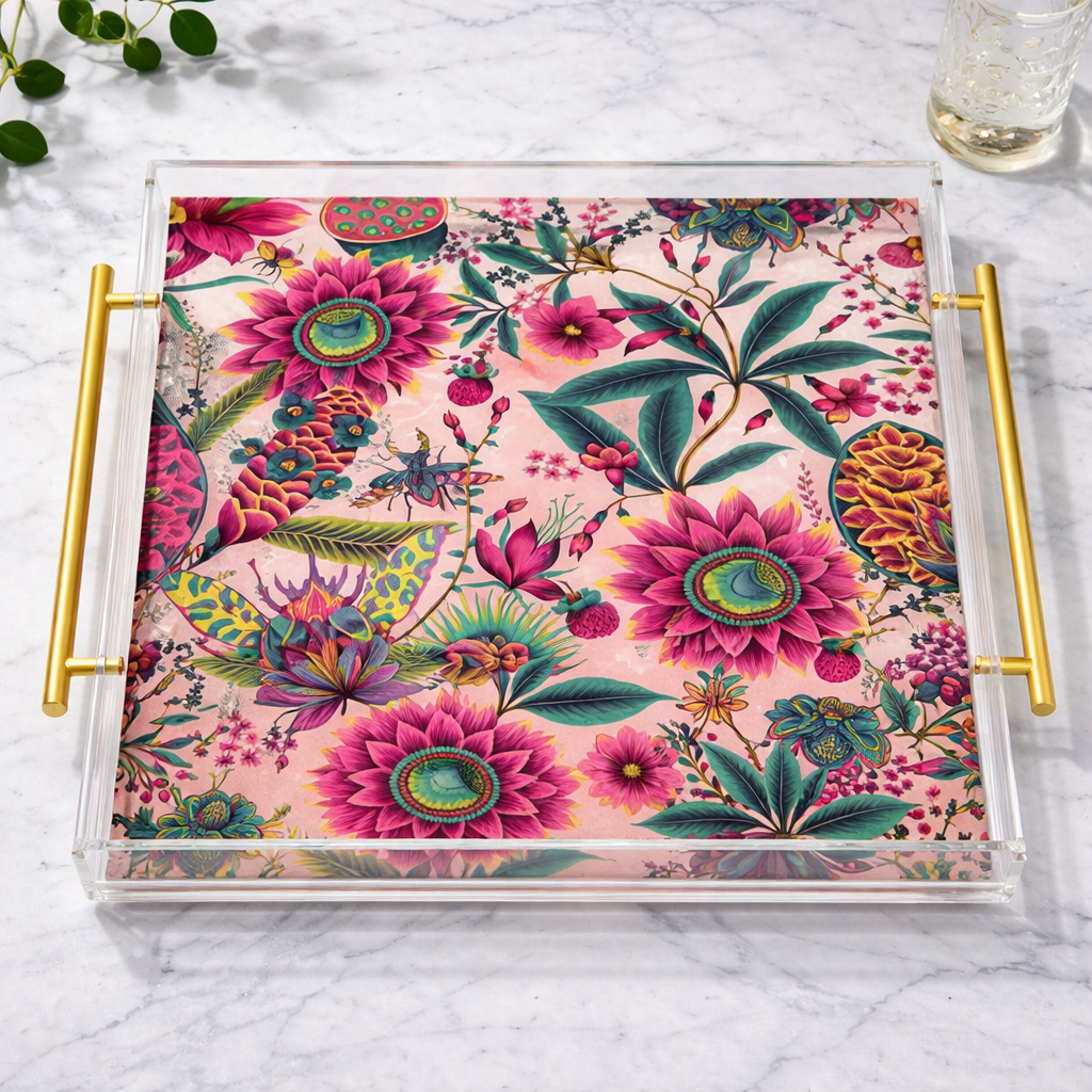 Pink Floral Decorative Acrylic Tray 9X9