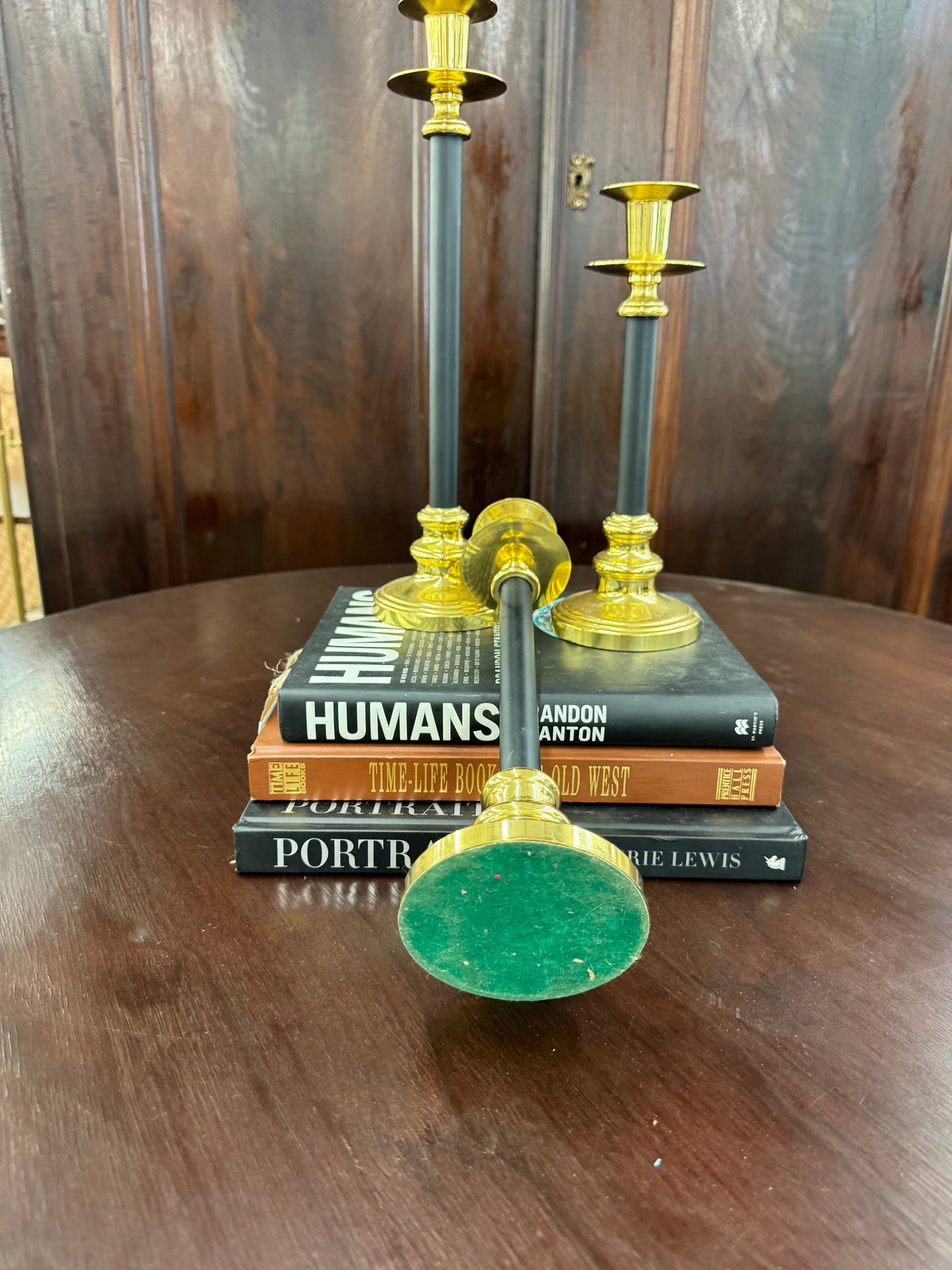 Set of Three Brass & Black Candlesticks