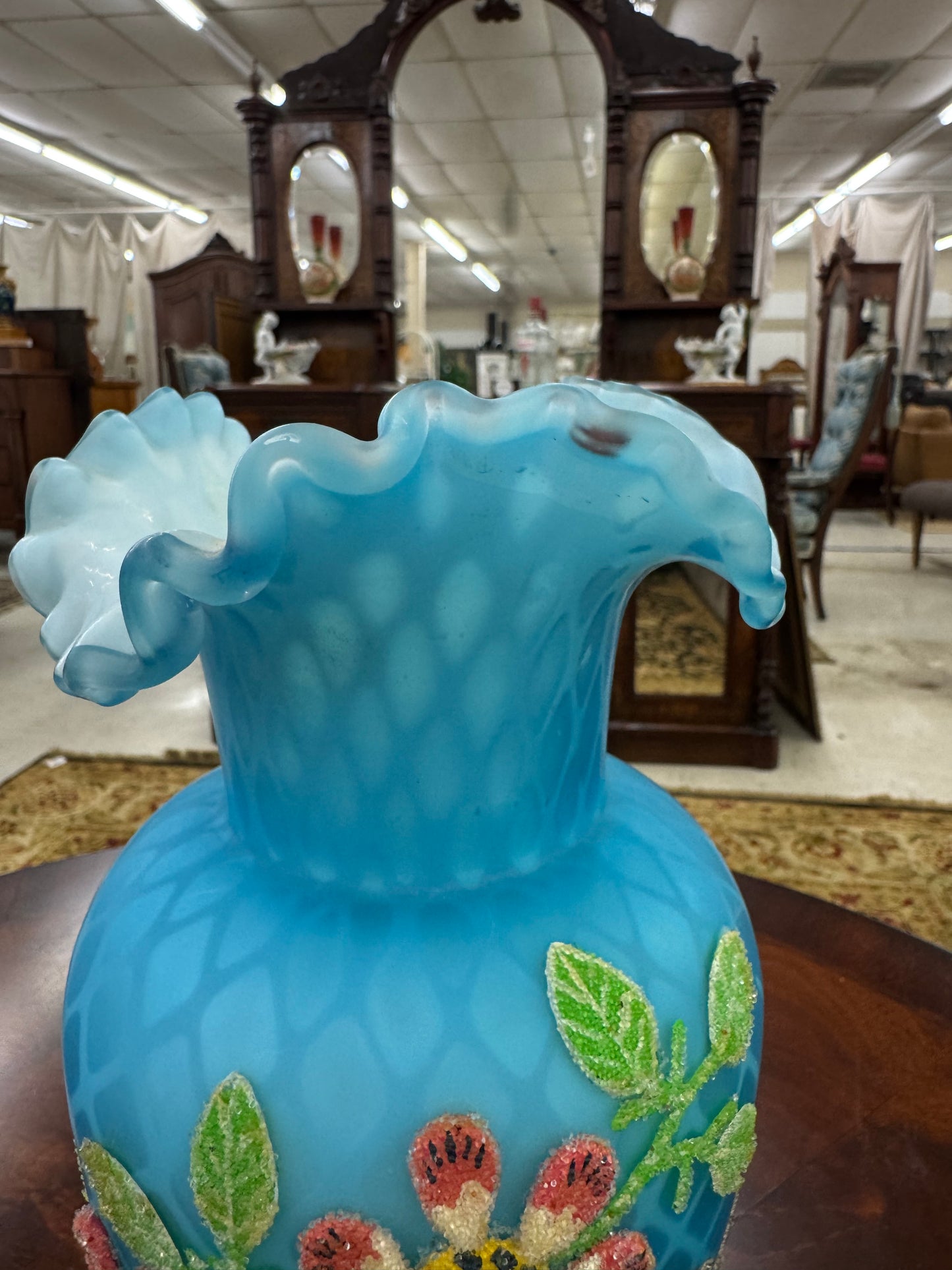 Victorian Blue Satin Glass Beaded Enamel Vase