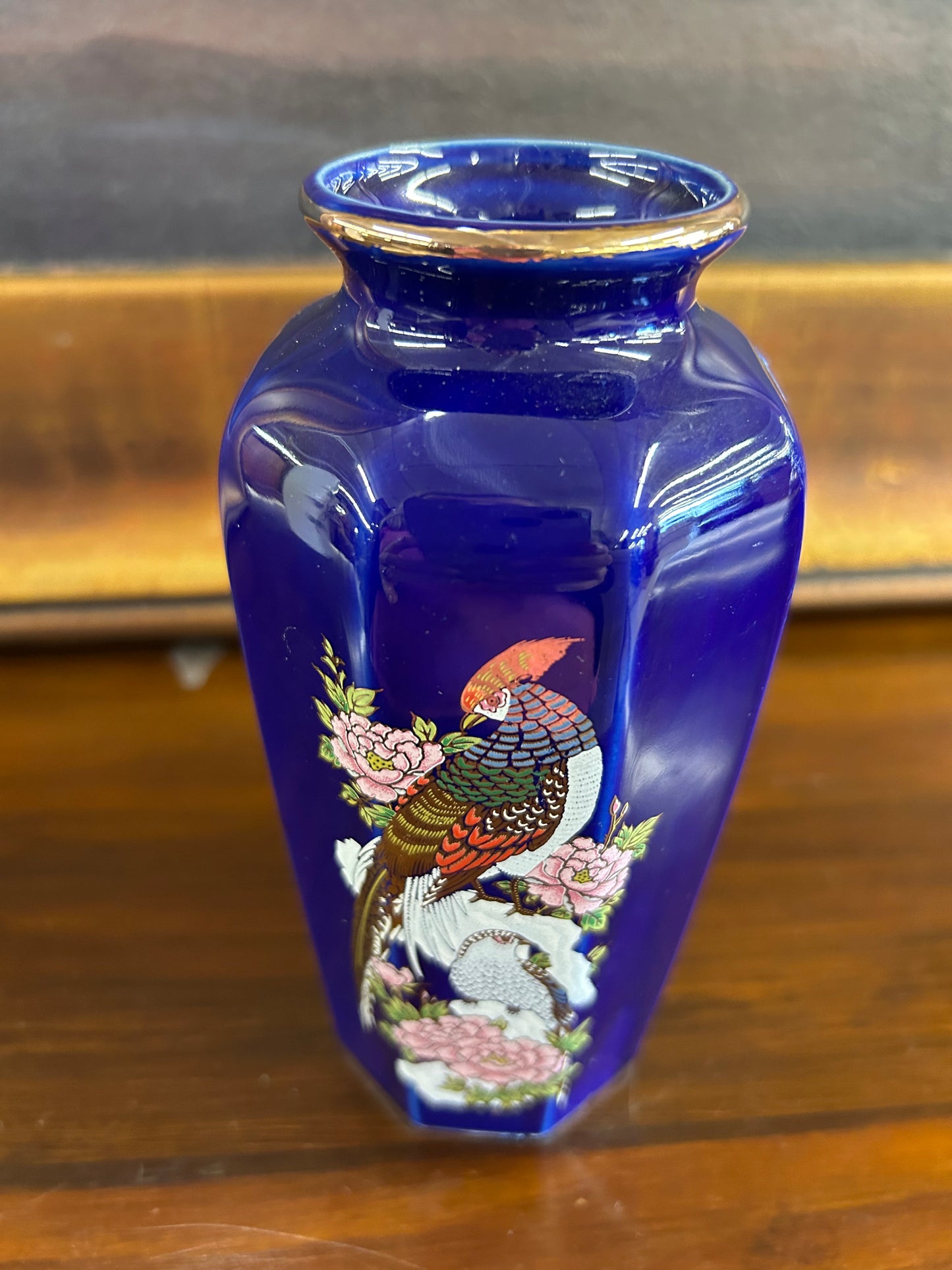 Cobalt Blue Pheasant & Peony Vase – 6.5”