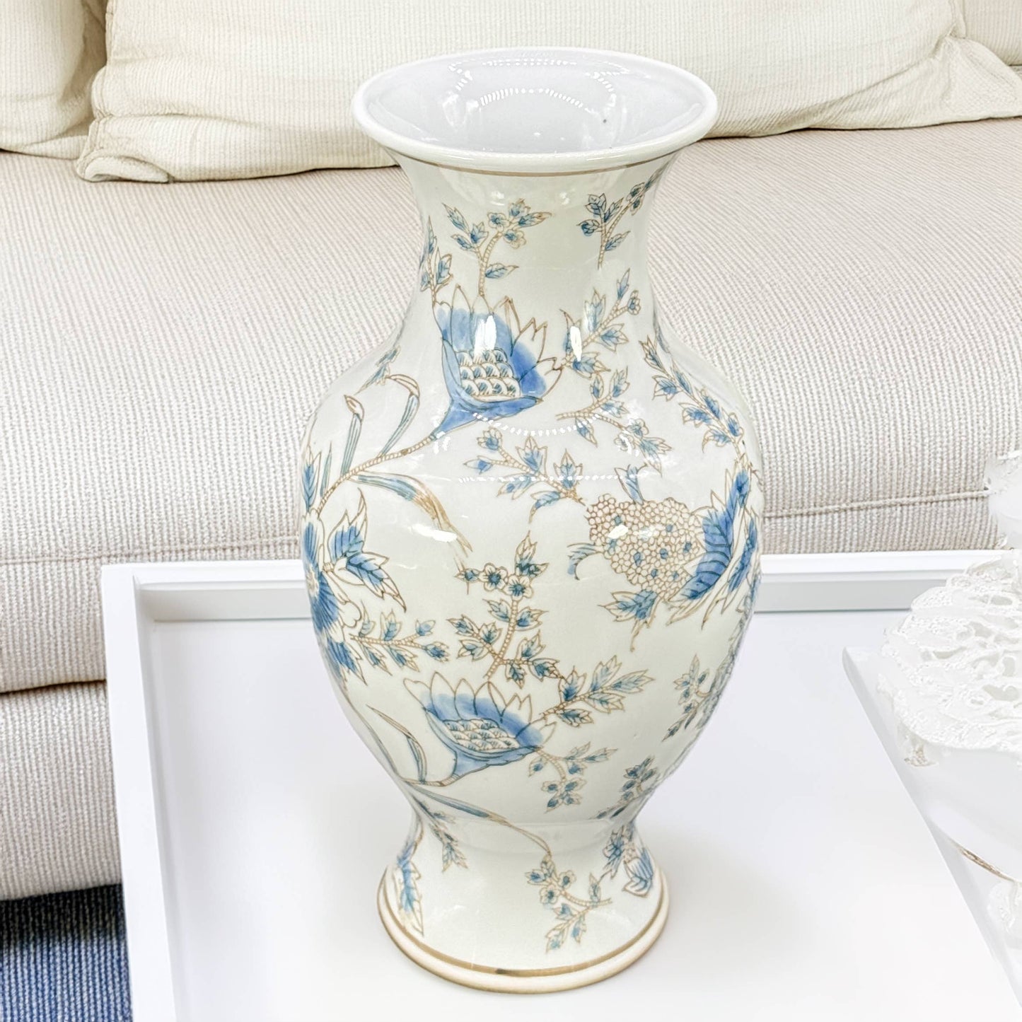 White and Blue Chinoiserie Indoor Ceramic Vase 14"