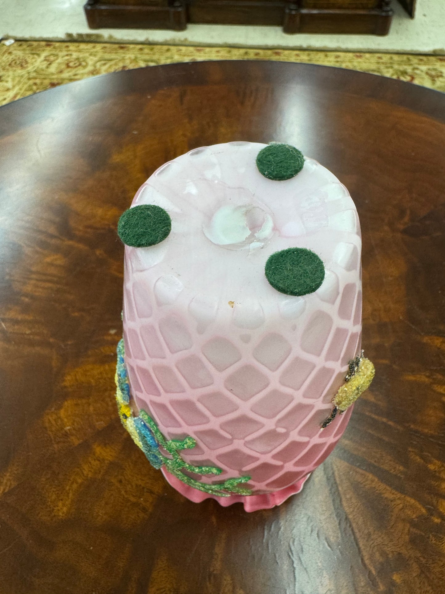 Victorian Pink Satin Glass Beaded Enamel Vase