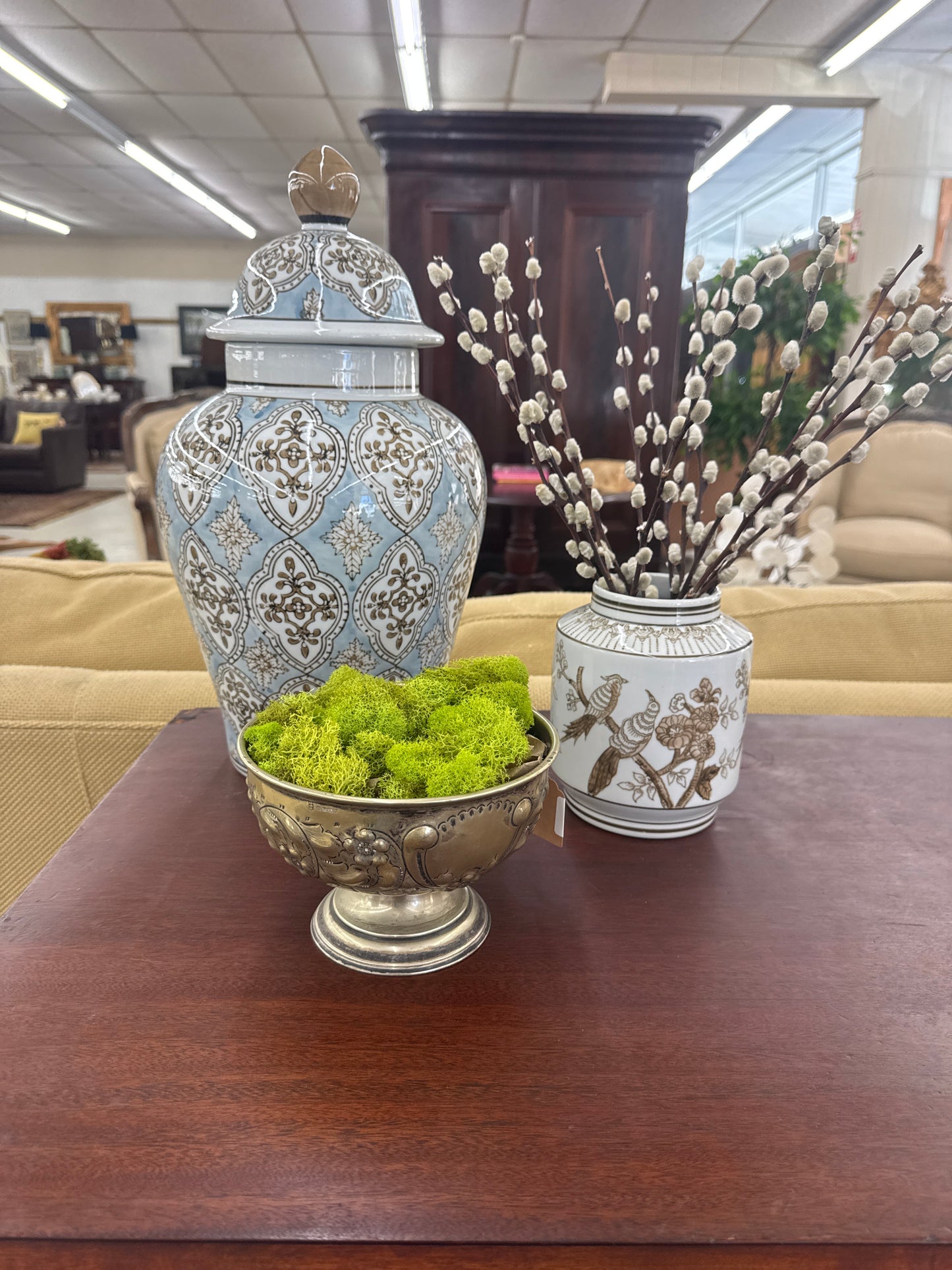 Brown Ceramic Cylinder Chinoiserie Vase 6.7"