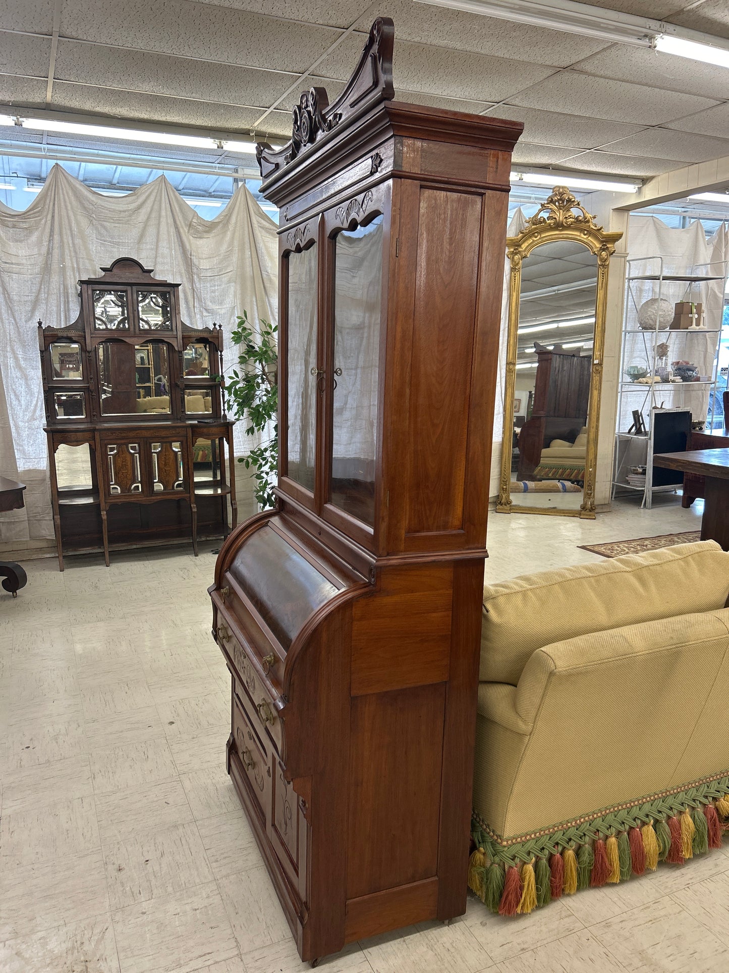 Victorian Walnut & Burl Cylinder Secretary Desk