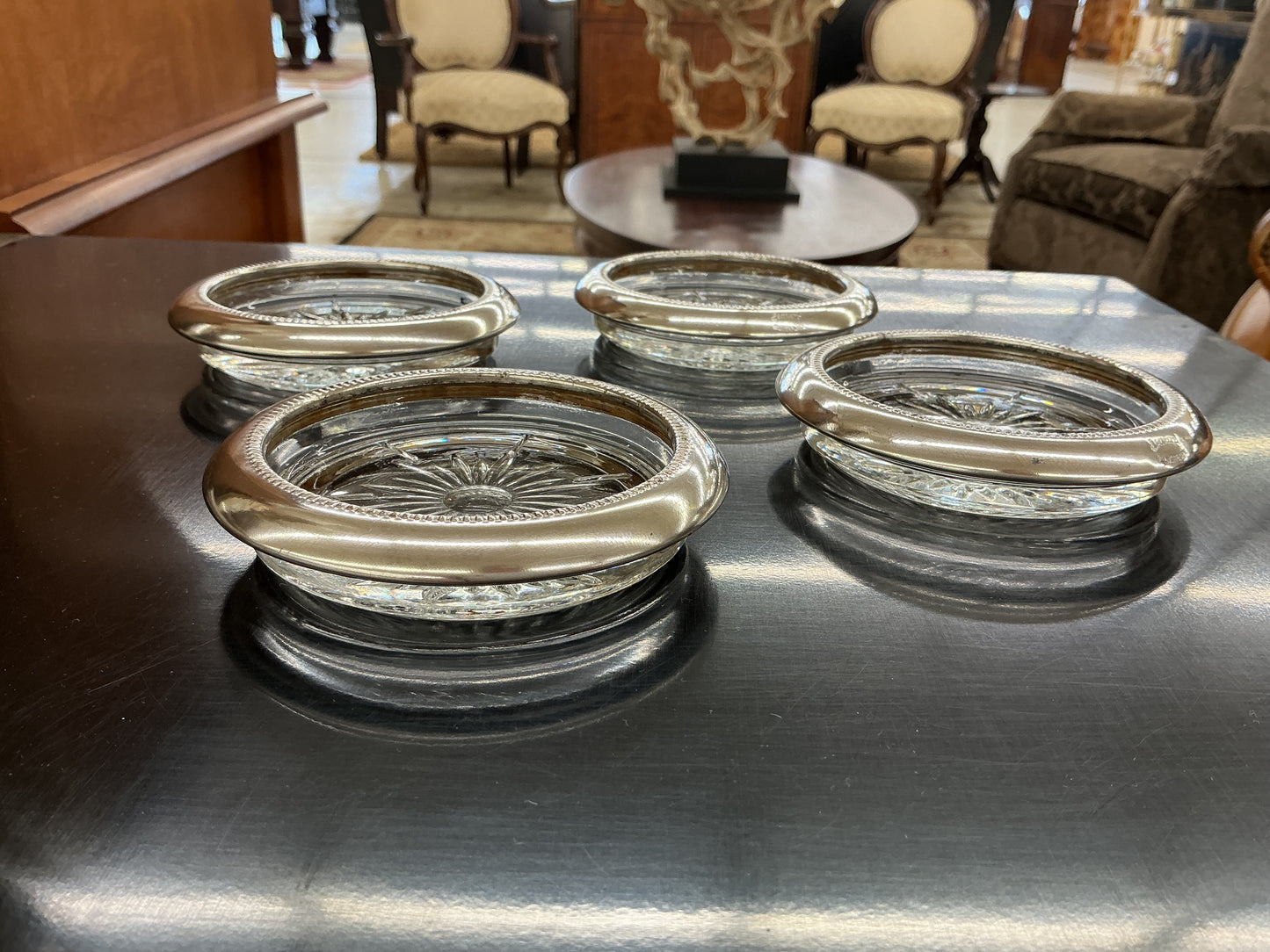 Set of four vintage silverplate and cut glass coasters