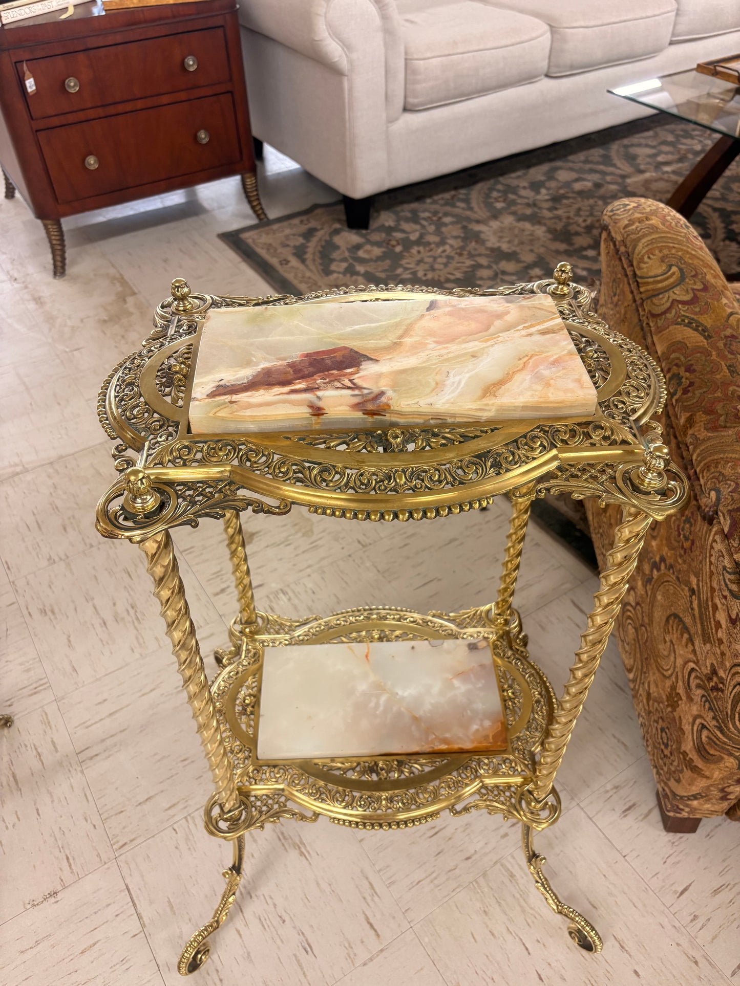 Antique French Victorian Bronze 2 Tier Onyx Stand