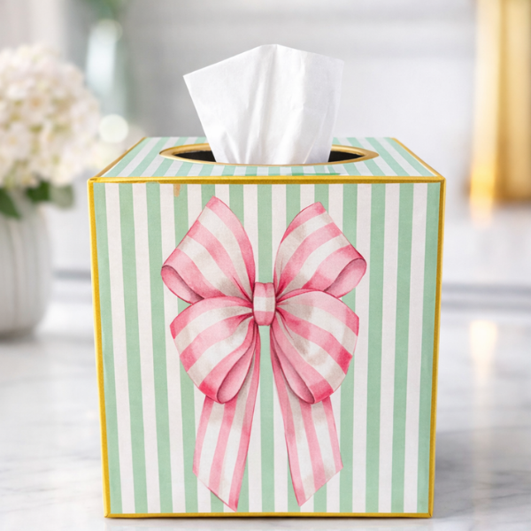 Kleenex Box. Pink Bow with green stripes