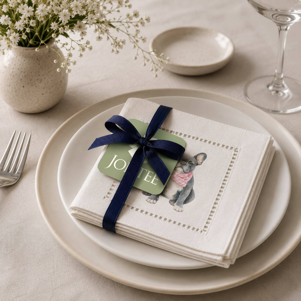 Pet Story French Bulldog Hemstitch Napkins