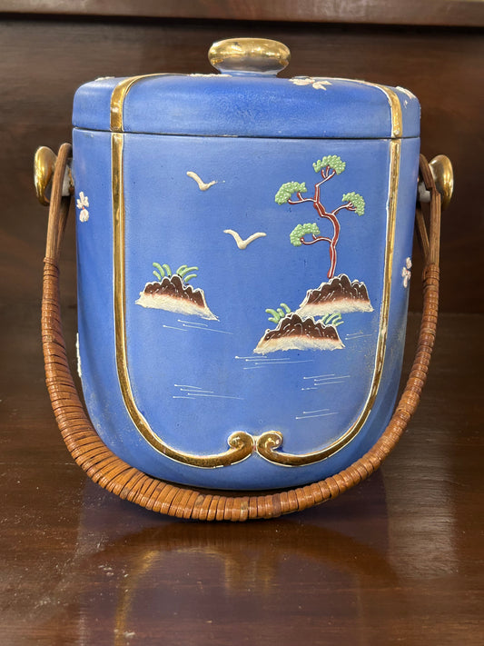 Vintage Japanese Blue Moriage Biscuit Jar with Wicker Handle & Gold Trim