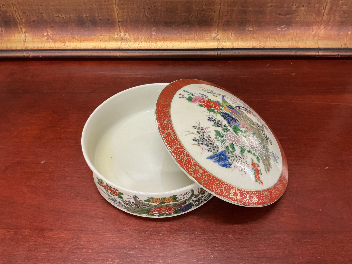 Vintage Japanese Porcelain Lidded Dish (Peacock Motif)
