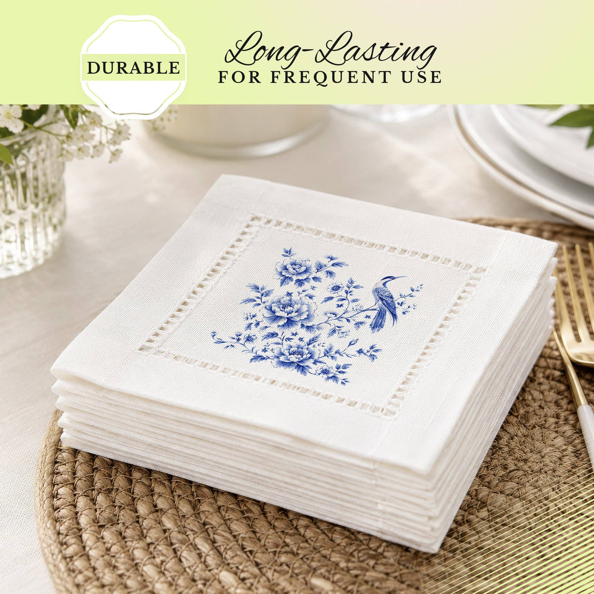 Chinoiserie Floral Bird Hemstitch Napkins
