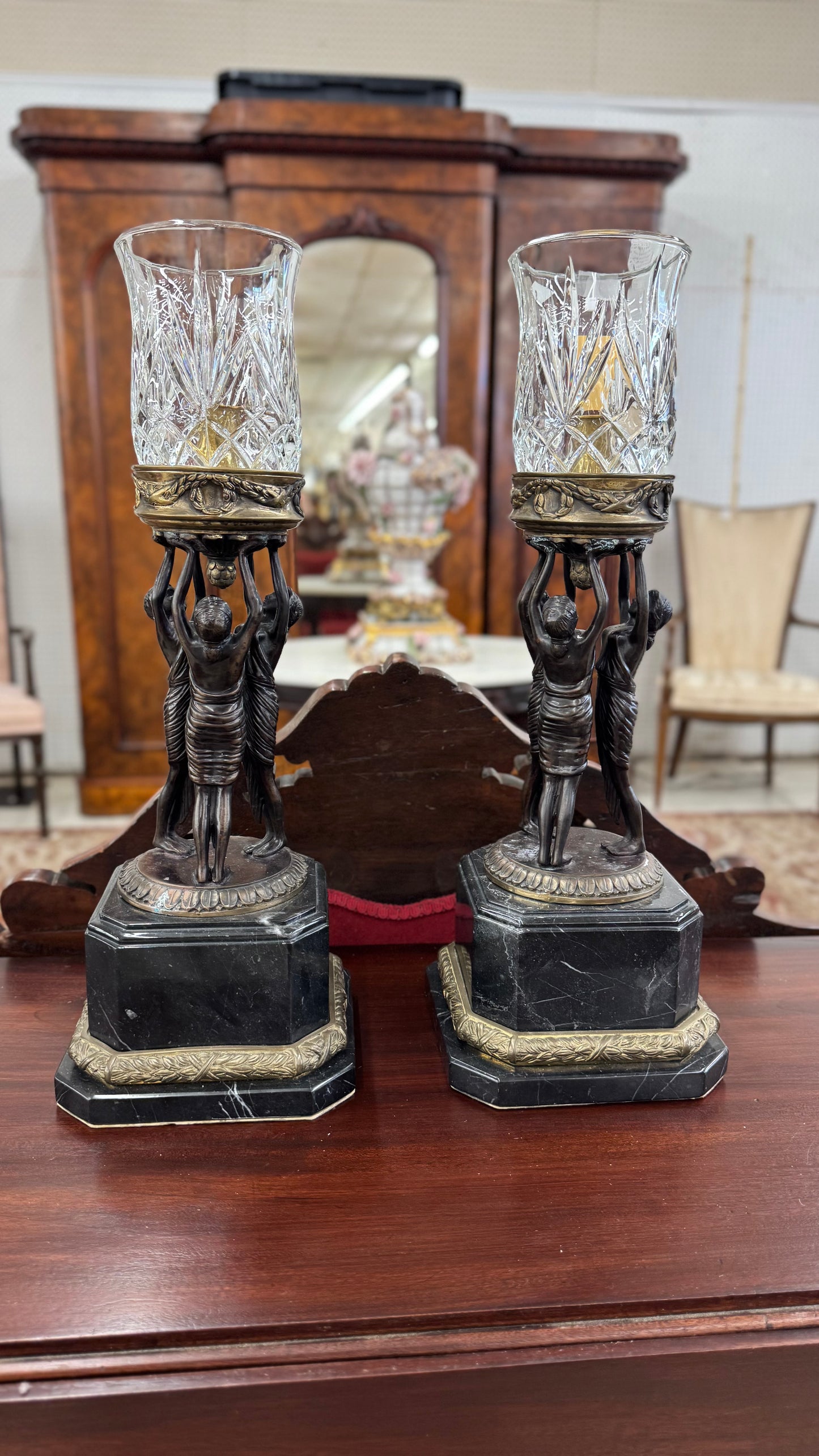 Pair Of Empire Style Figural Candle Hurricane Lamps