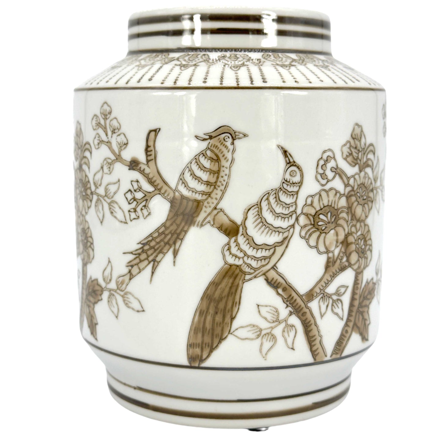 Brown Ceramic Cylinder Chinoiserie Vase 6.7"