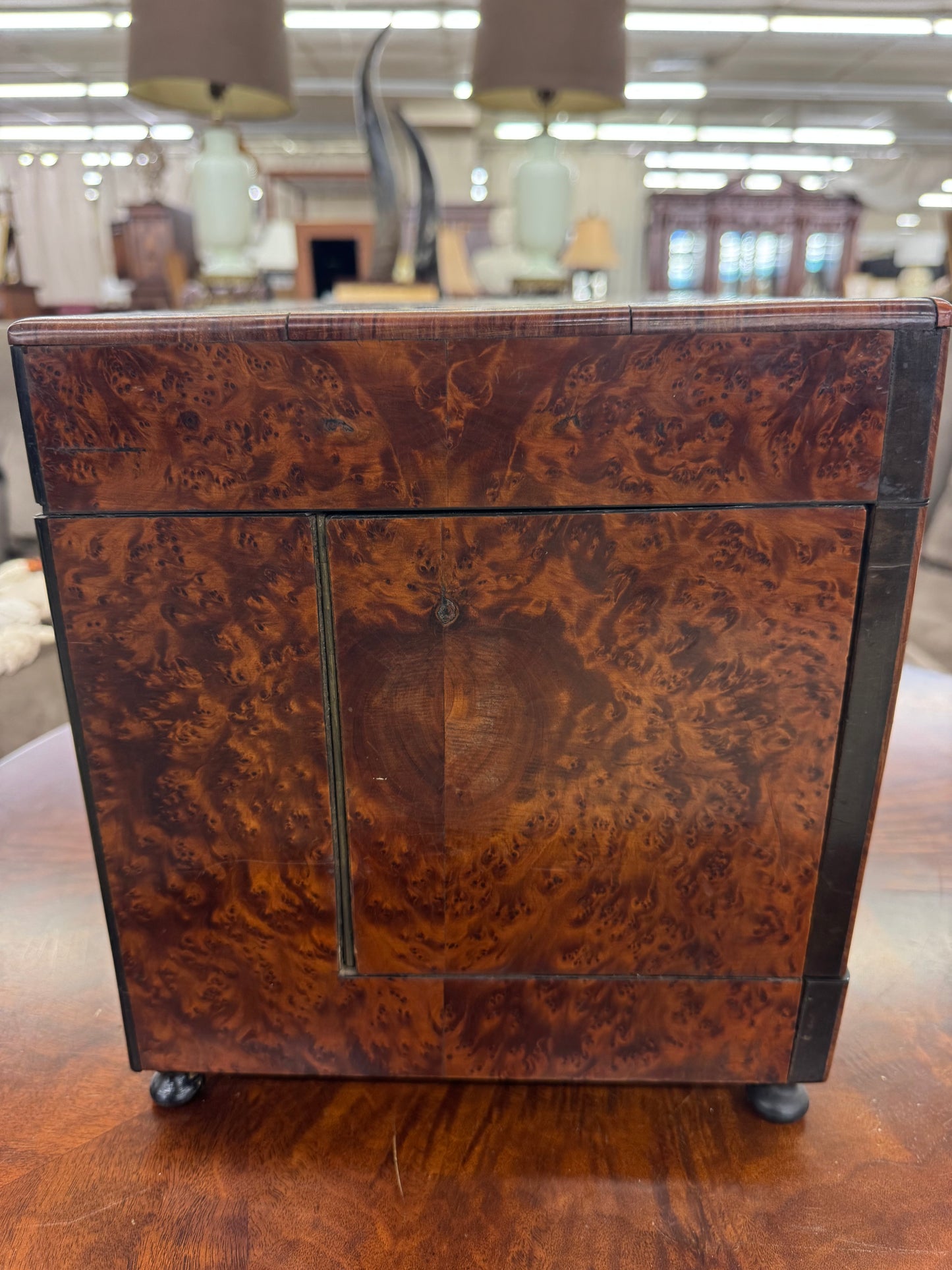 Antique Victorian Burl Walnut Tantalus Decanter Box with Cut Crystal Decanters & Glasses