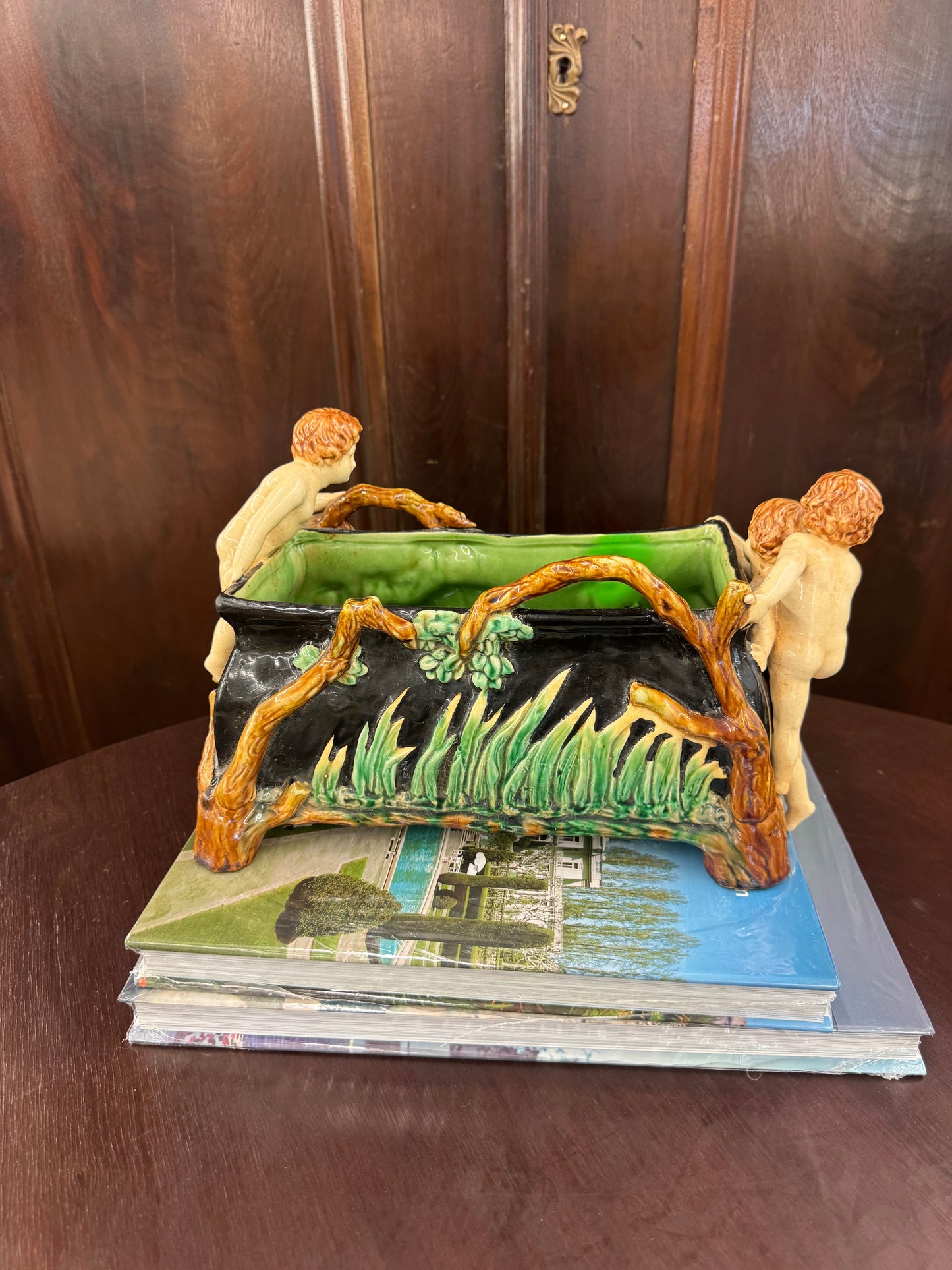 Art Nouveau Figural Majolica Planter / Cachepot