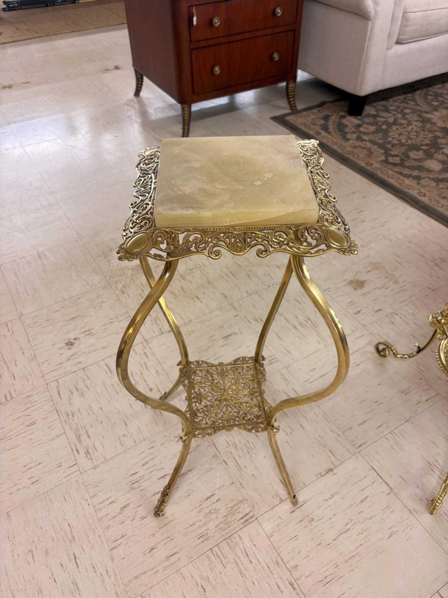 vintage Hollywood Regency / Italian Rococo-style brass and onyx accent stand