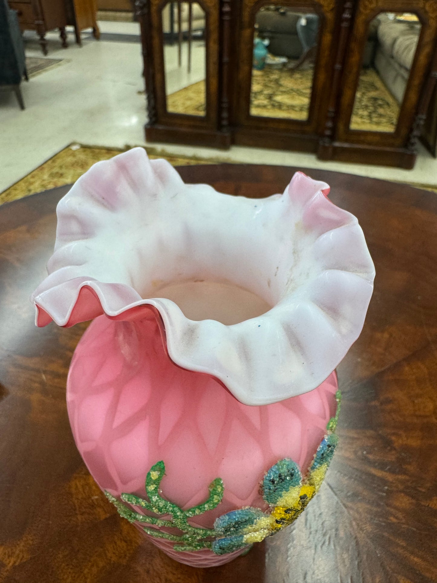 Victorian Pink Satin Glass Beaded Enamel Vase