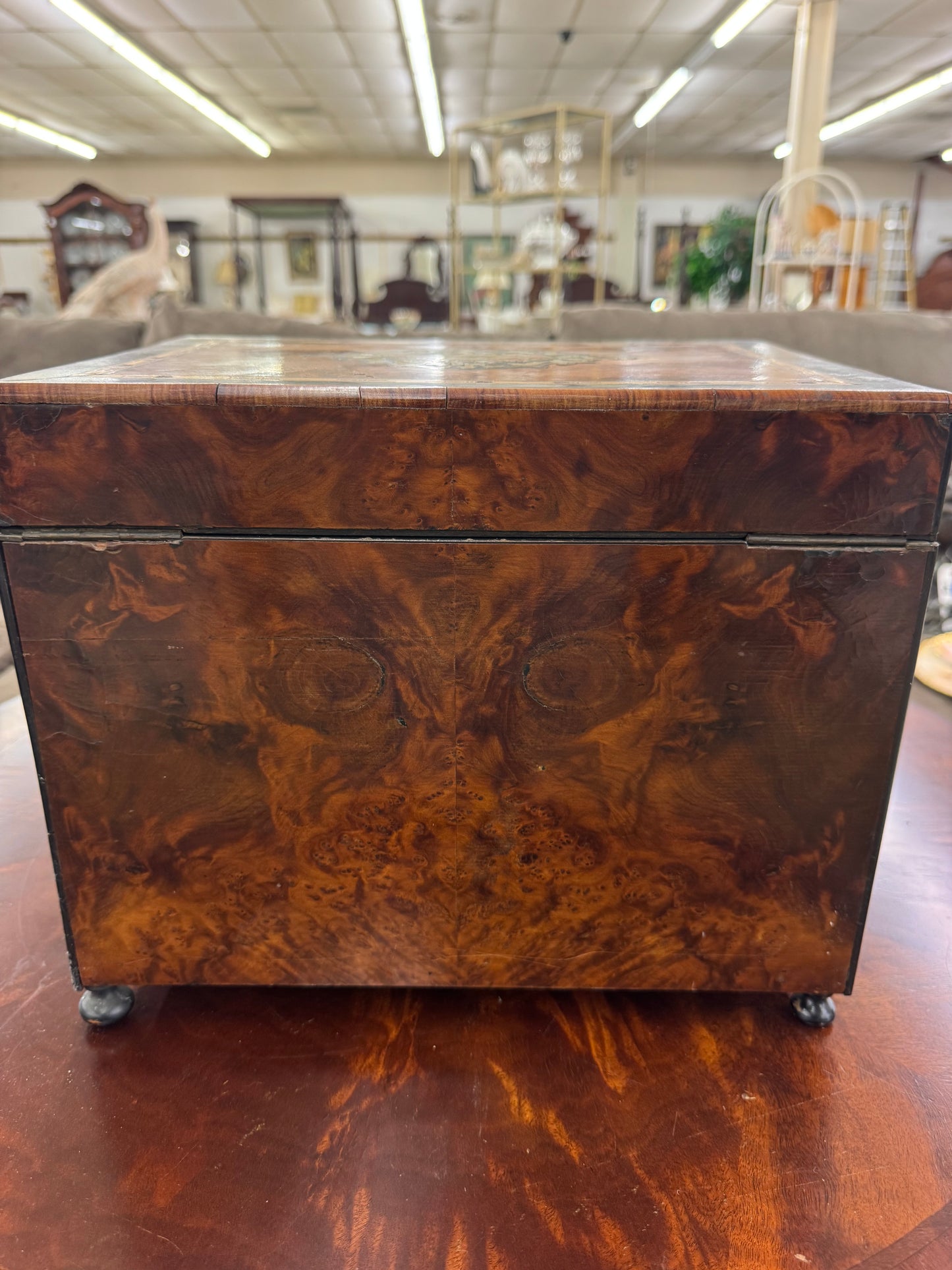 Antique Victorian Burl Walnut Tantalus Decanter Box with Cut Crystal Decanters & Glasses