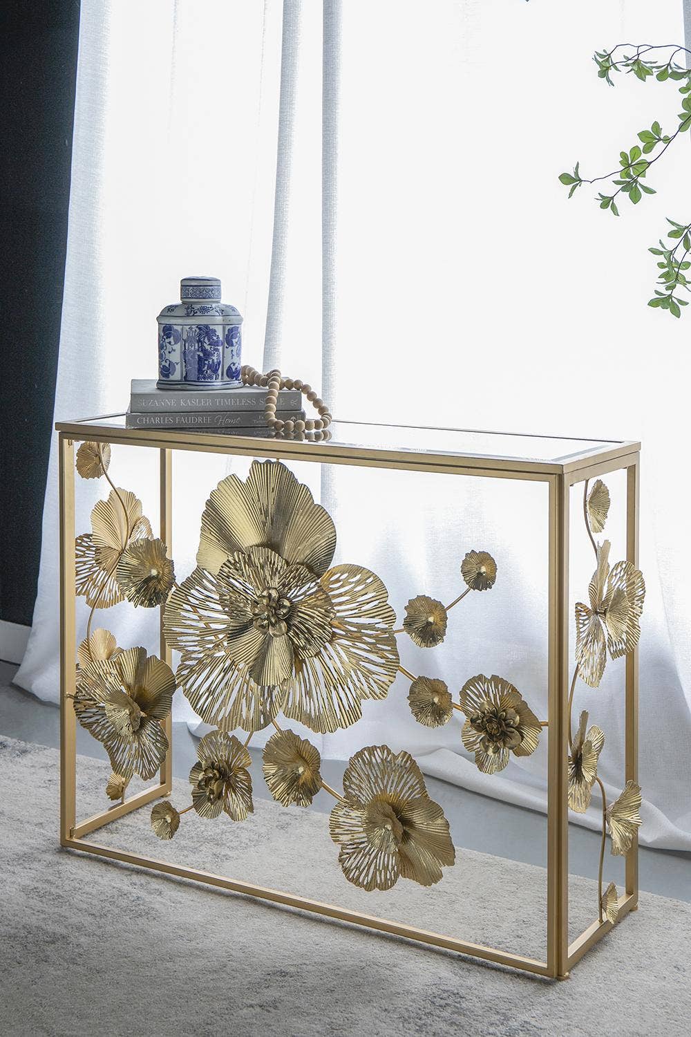 39.5x12x30.5" Gold Console Table with Mirrored Glass Top