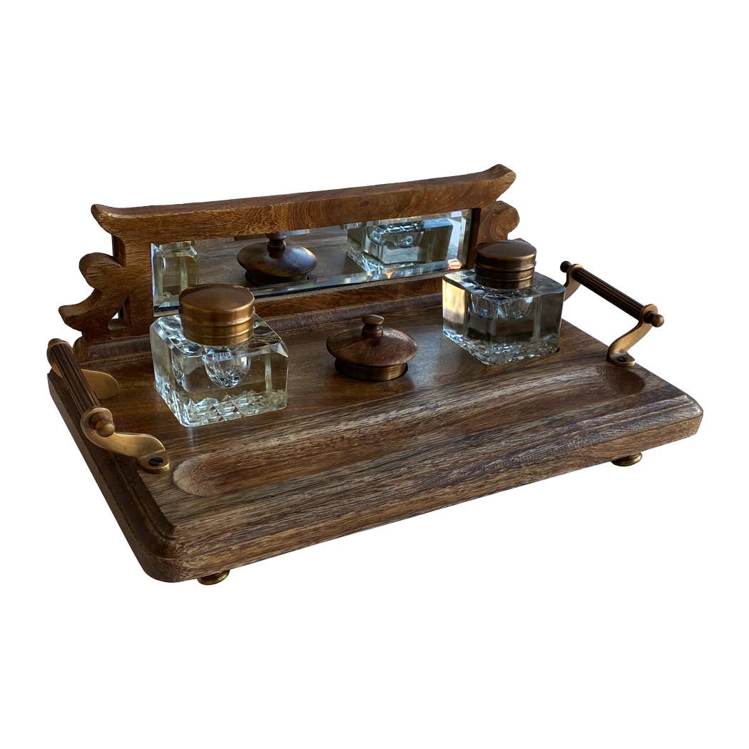 Wood And Brass Desk Stand With Glass Inkwell
