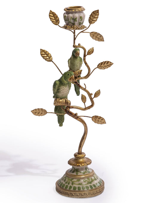 Antiqued Ornate Branch Green/Gold Parrot Candle Holder