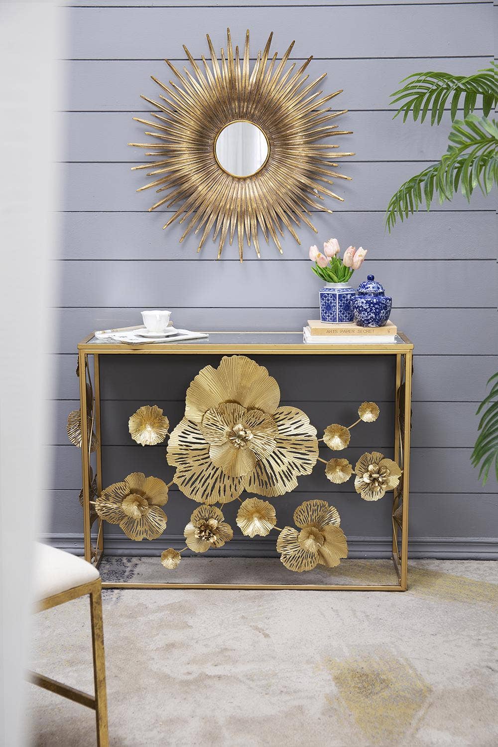 39.5x12x30.5" Gold Console Table with Mirrored Glass Top