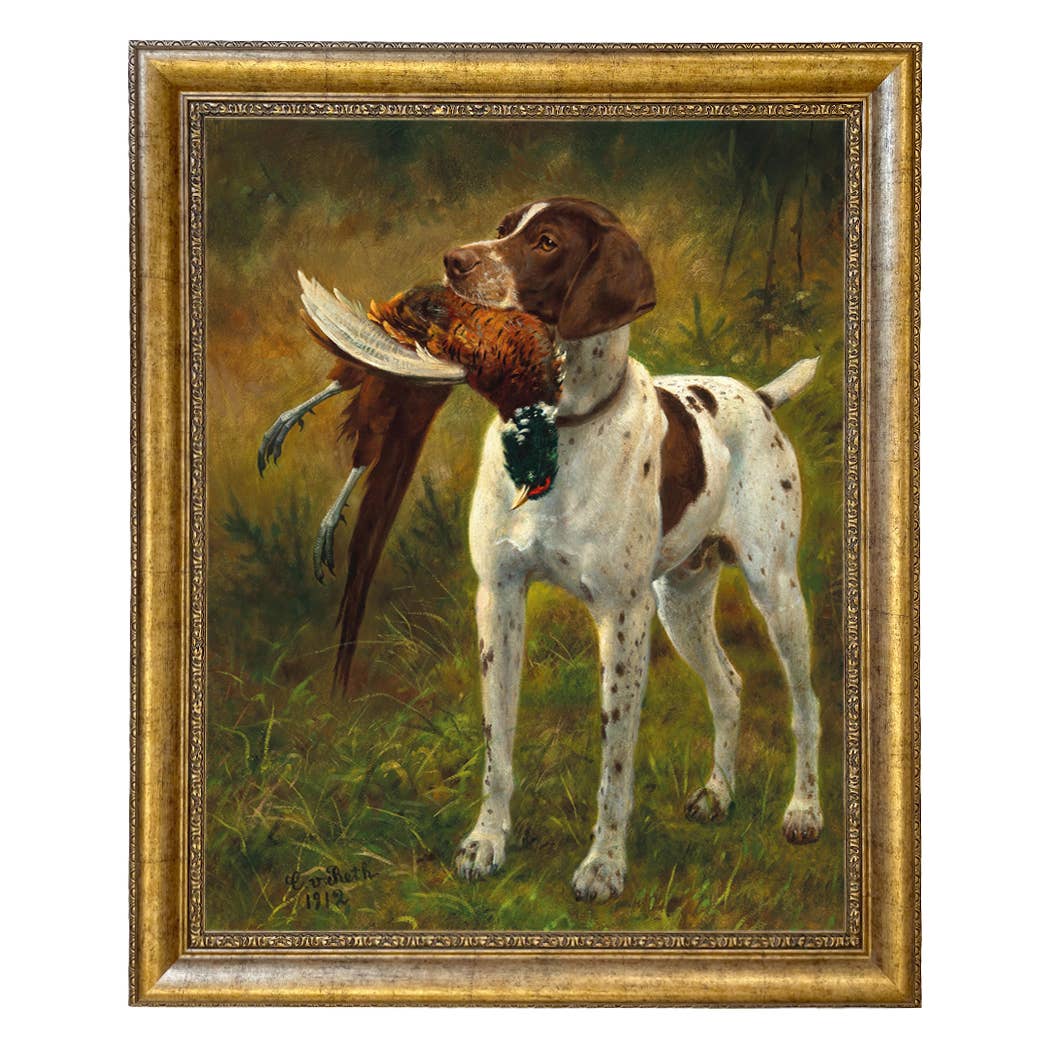 English Pointer with Pheasant Painted Vintage Canvas Print