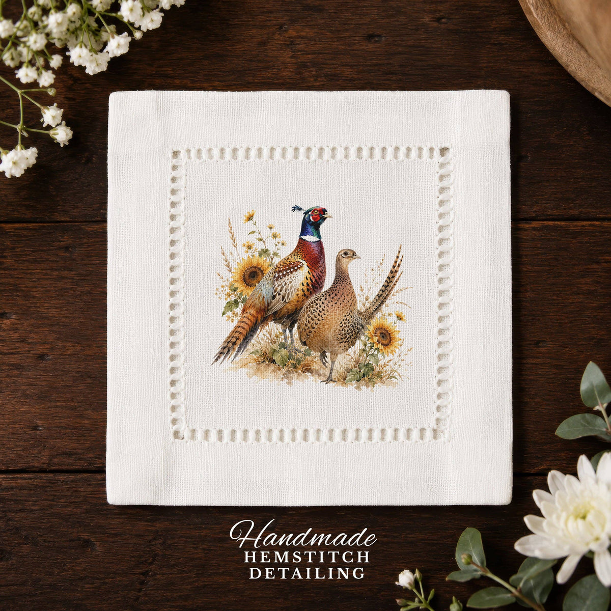 Harvest Table Pheasants Hemstitch Napkins