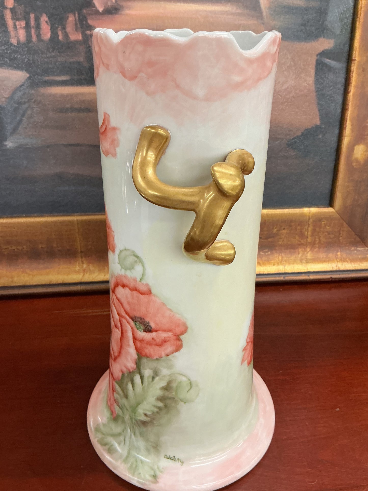 Antique-Style Hand-Painted Porcelain Poppy Vase with Gilt Handles