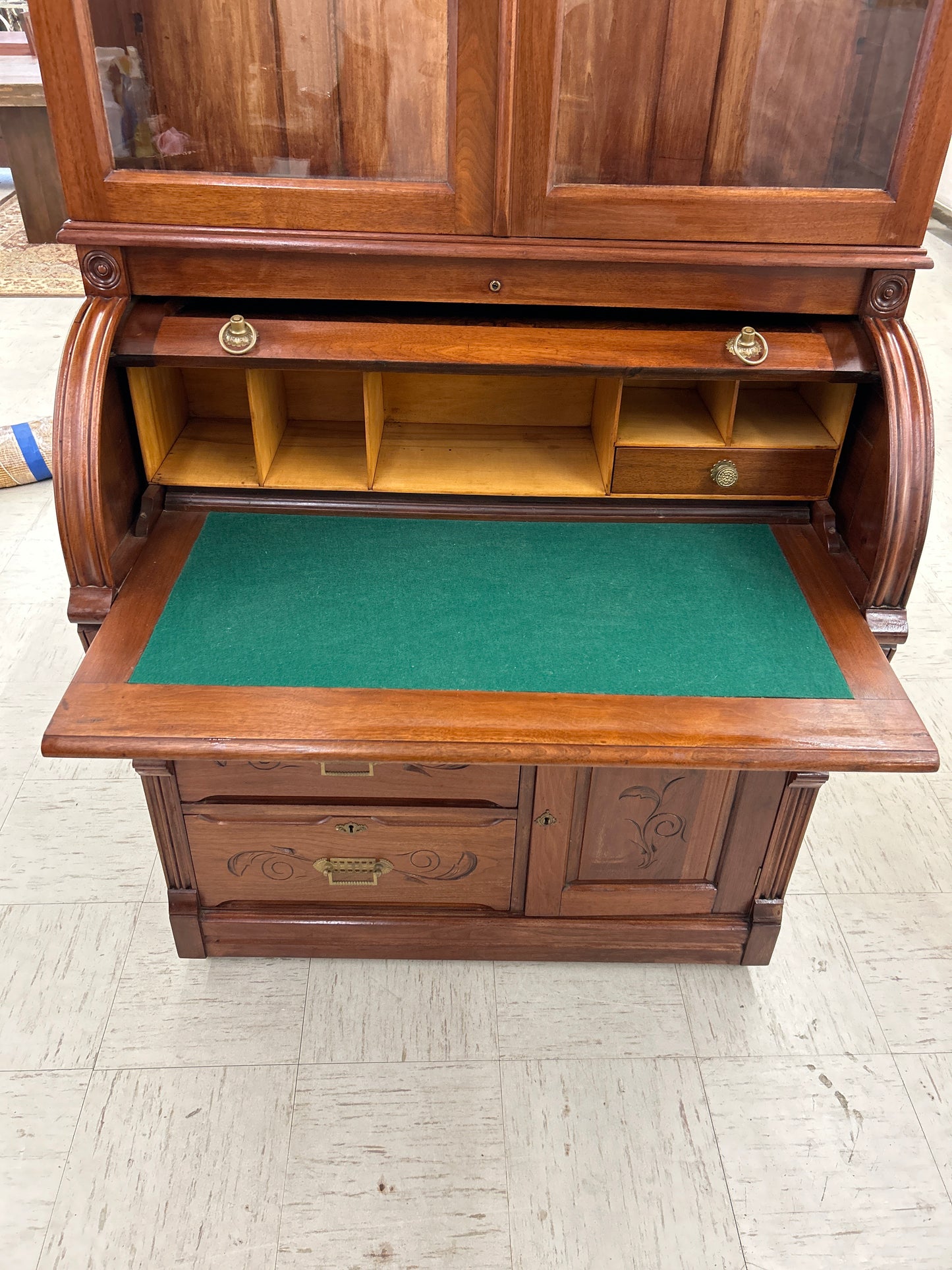 Victorian Walnut & Burl Cylinder Secretary Desk