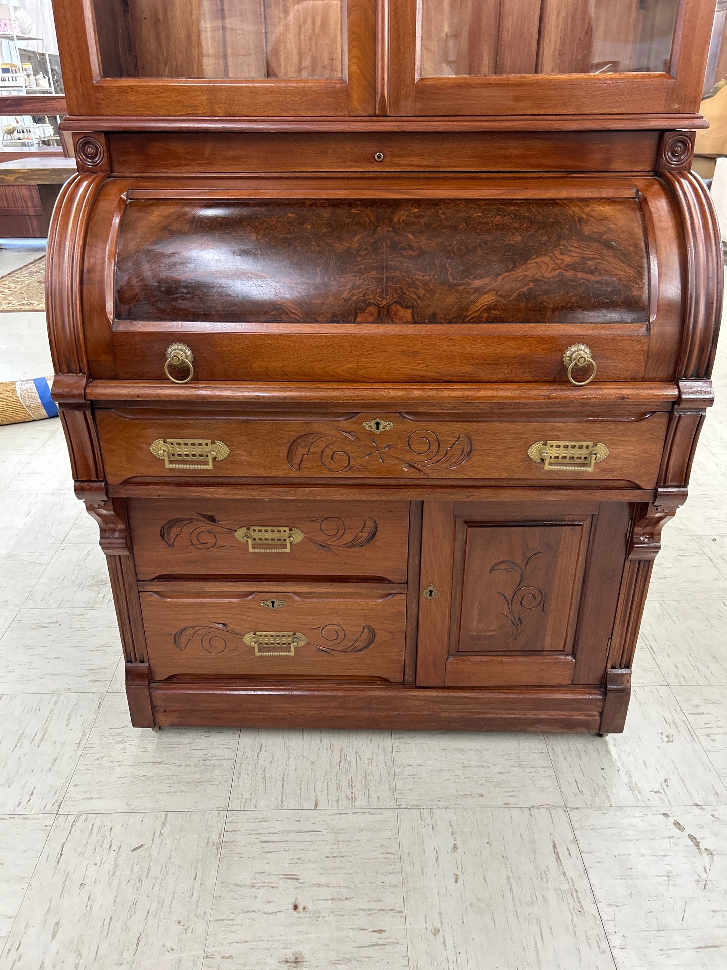 Victorian Walnut & Burl Cylinder Secretary Desk