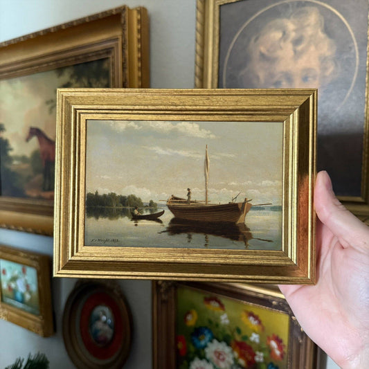 Vintage Style Man fishing Boat art Print Framed