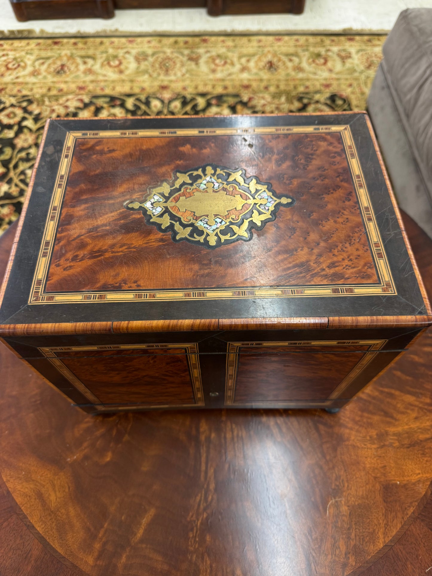 Antique Victorian Burl Walnut Tantalus Decanter Box with Cut Crystal Decanters & Glasses