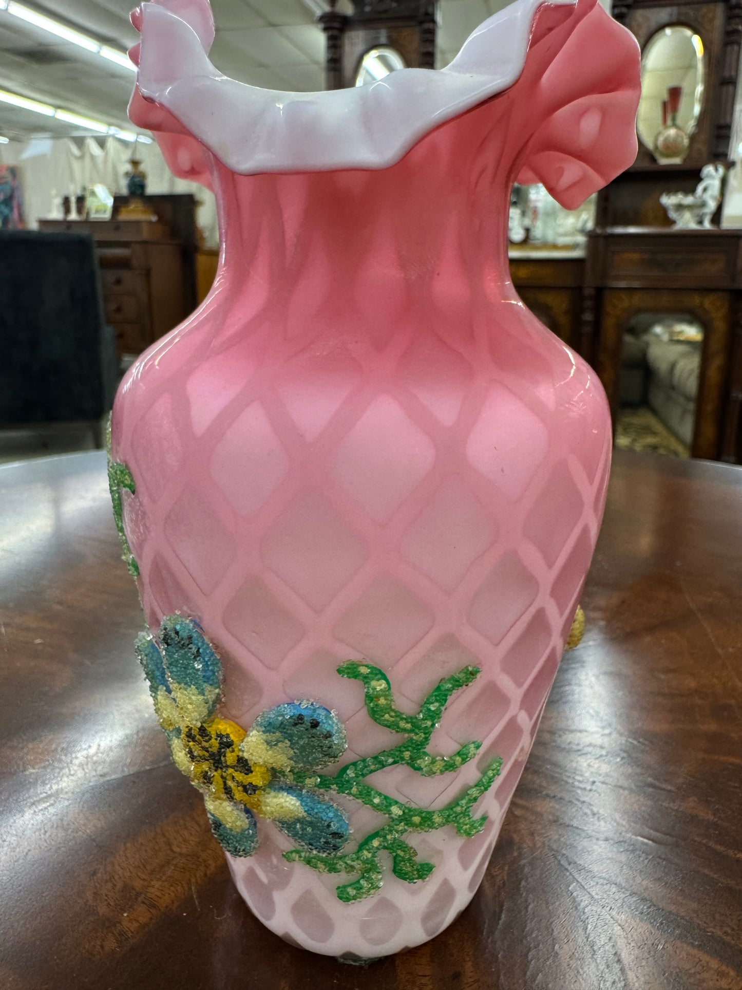 Victorian Pink Satin Glass Beaded Enamel Vase
