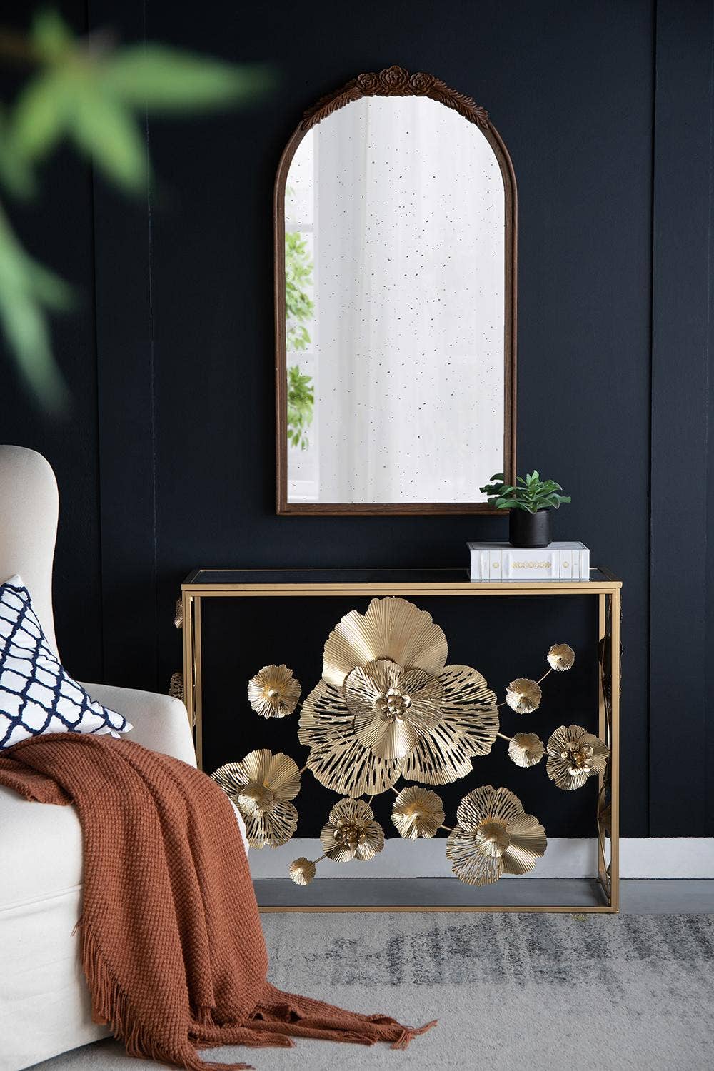 39.5x12x30.5" Gold Console Table with Mirrored Glass Top