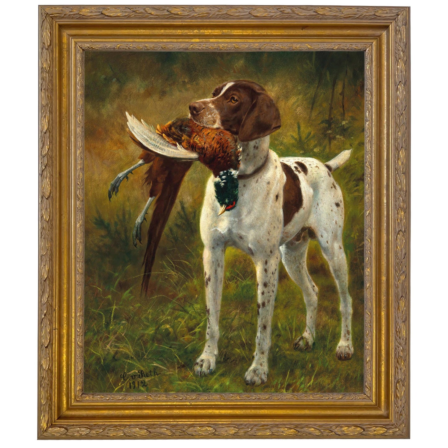English Pointer with Pheasant Painted Vintage Canvas Print