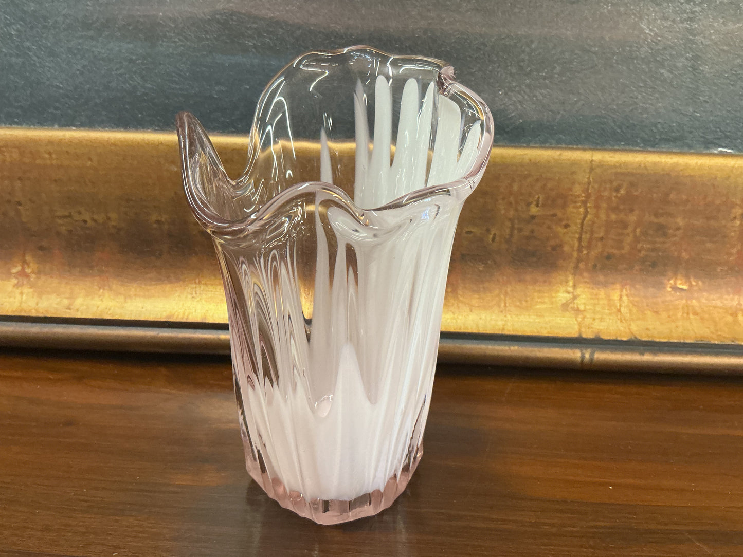 Ruffled Edge Pink Opalescent Bud Vase