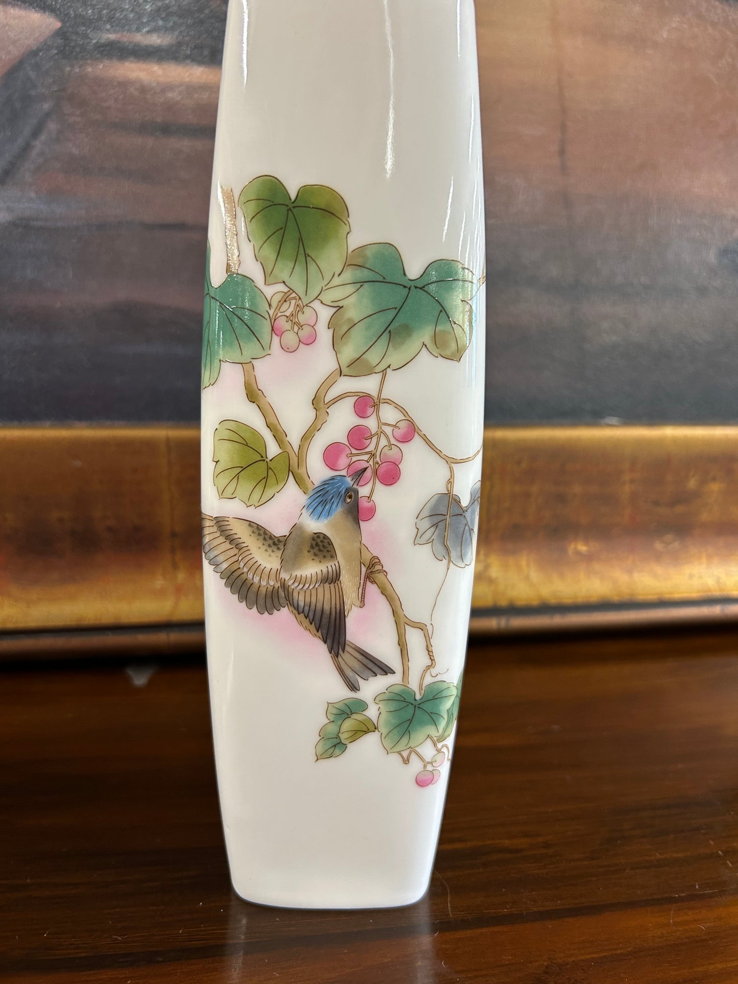 Vintage Japanese Porcelain Vase – Kutani Style Bird & Berry Motif – 9”