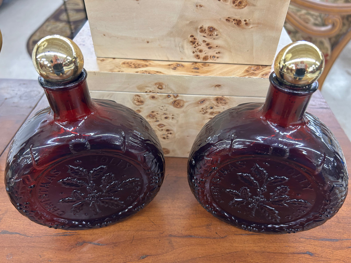 Vintage 1973 ruby red “Christmas Holly” glass decanter