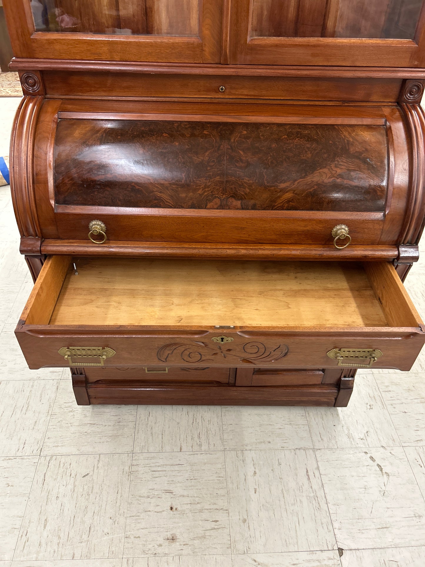 Victorian Walnut & Burl Cylinder Secretary Desk