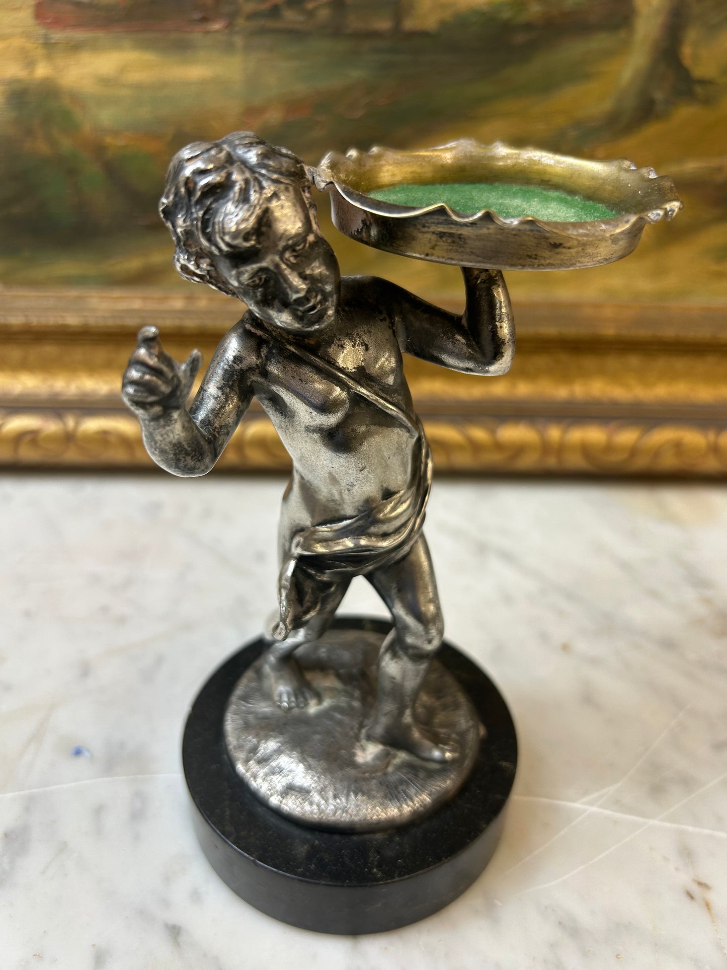Vintage silvered cherub trinket stand