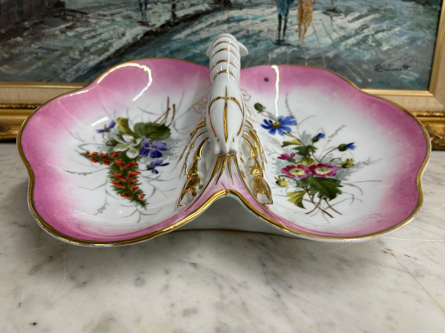 Beautiful antique German porcelain lobster divided serving dish
