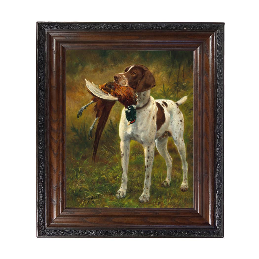 English Pointer with Pheasant Painted Vintage Canvas Print