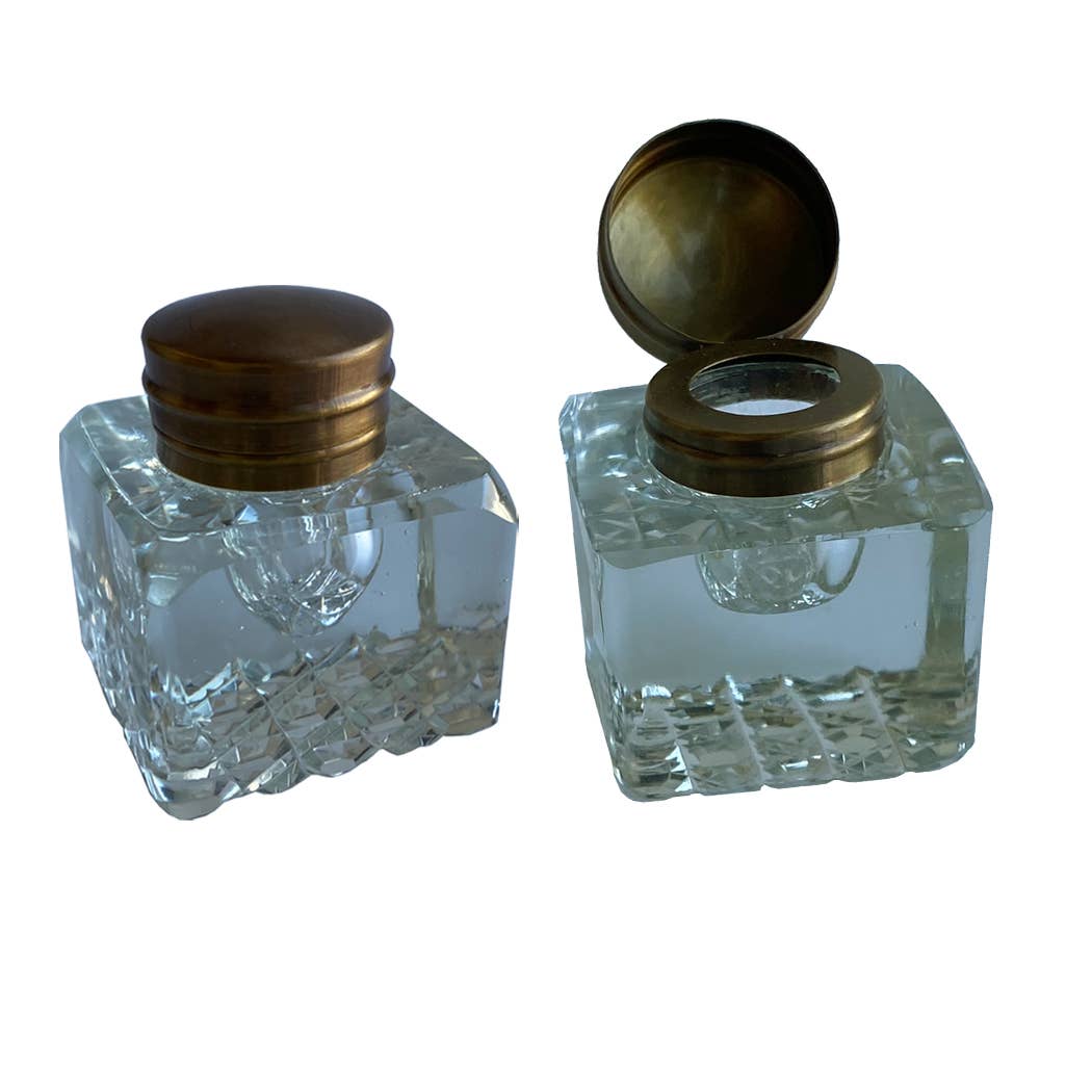 Wood And Brass Desk Stand With Glass Inkwell
