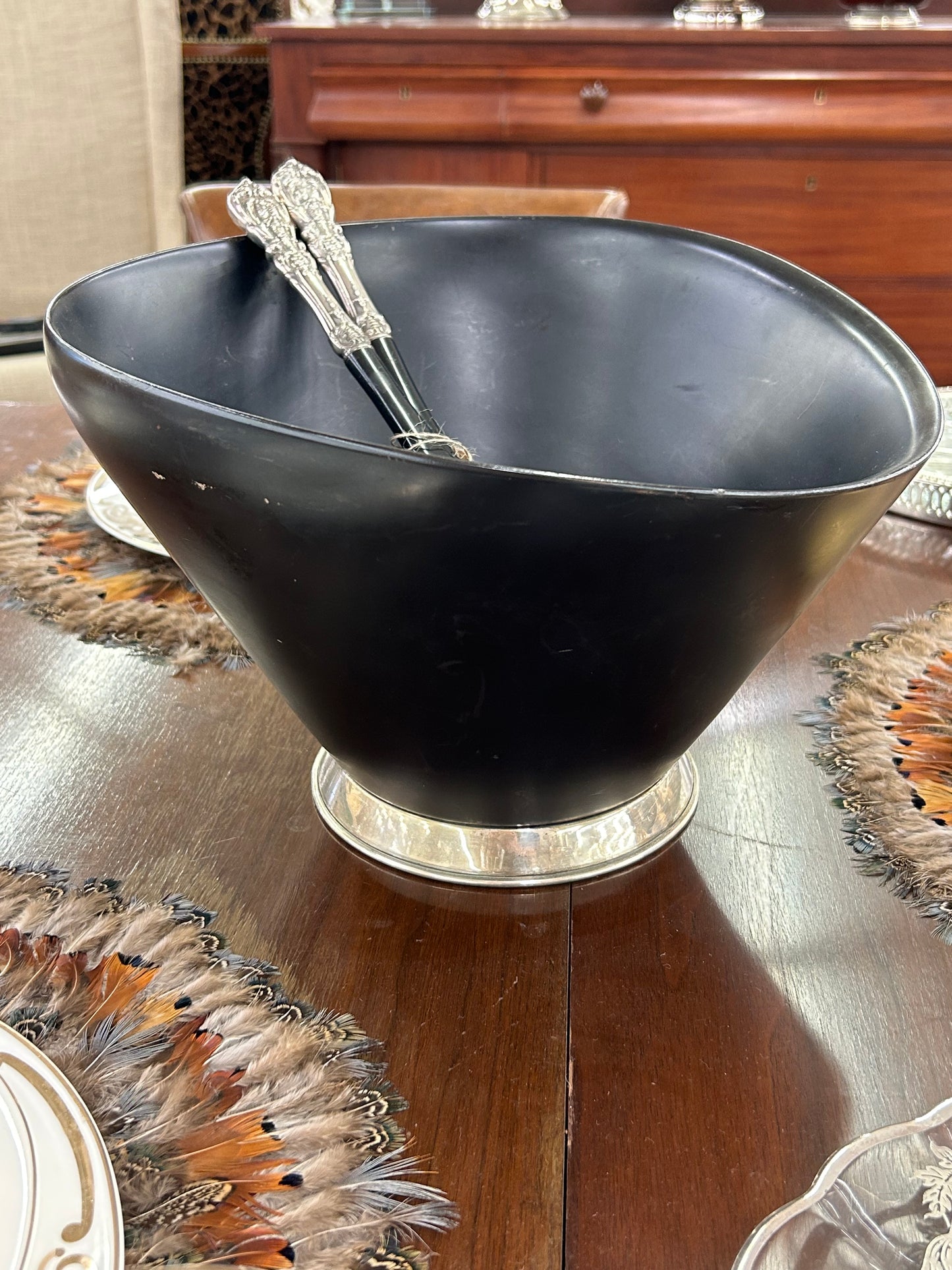 VTG Black Wood & Sterling Silver Salad Set