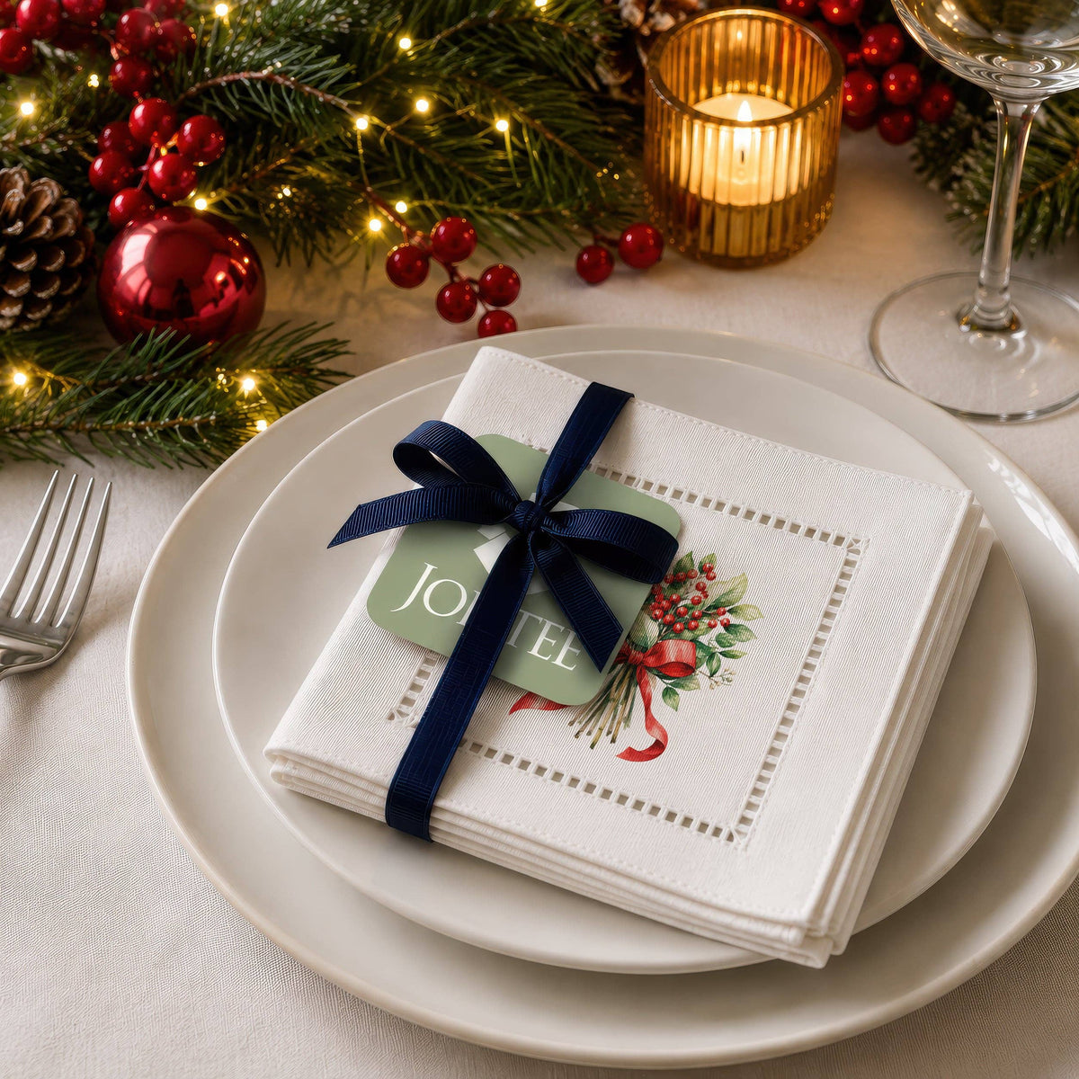Holiday Hostess Mistletoe Hemstitch Napkins