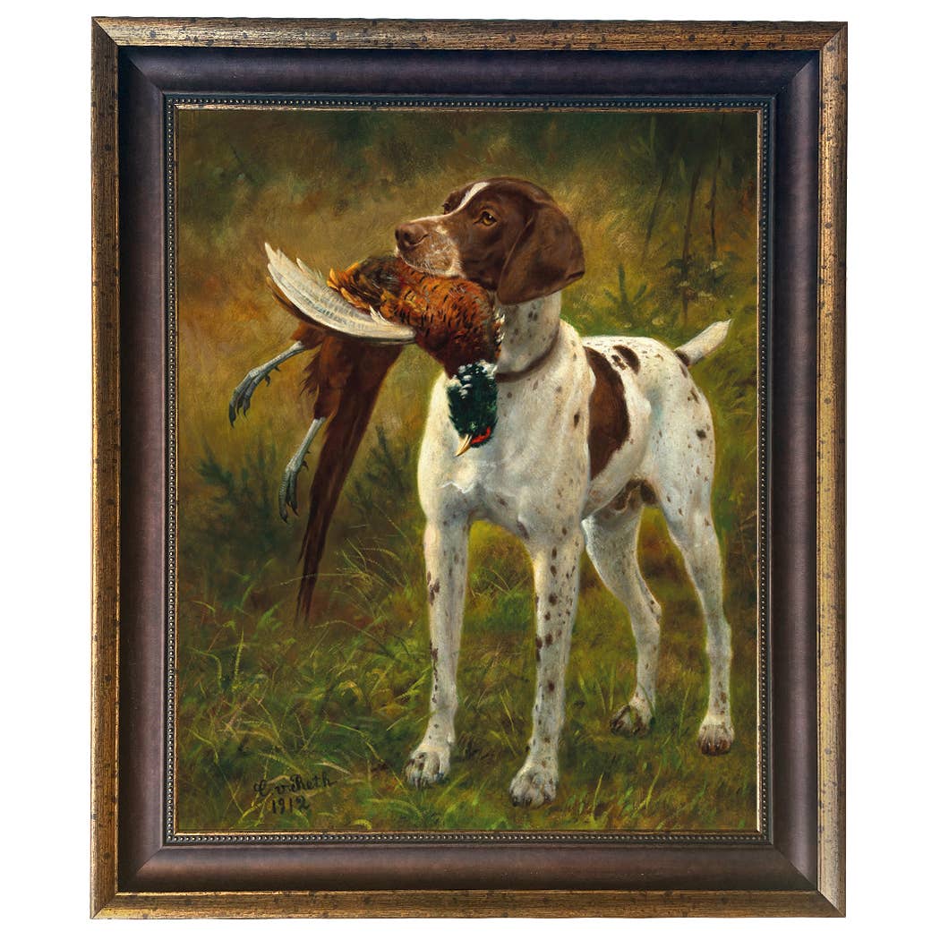 English Pointer with Pheasant Painted Vintage Canvas Print