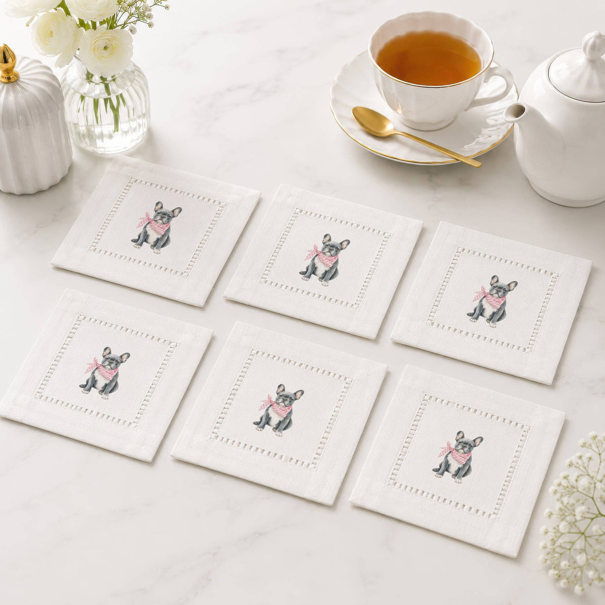 Pet Story French Bulldog Hemstitch Napkins