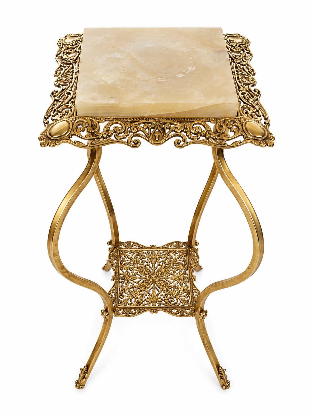 vintage Hollywood Regency / Italian Rococo-style brass and onyx accent stand